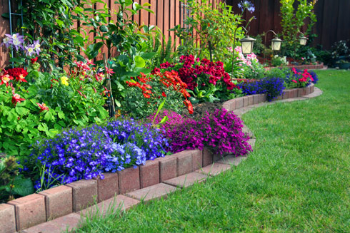 vibrant flower garden with colorful blooms and lush greenery along a brick border enhancing outdoor beauty and landscape design